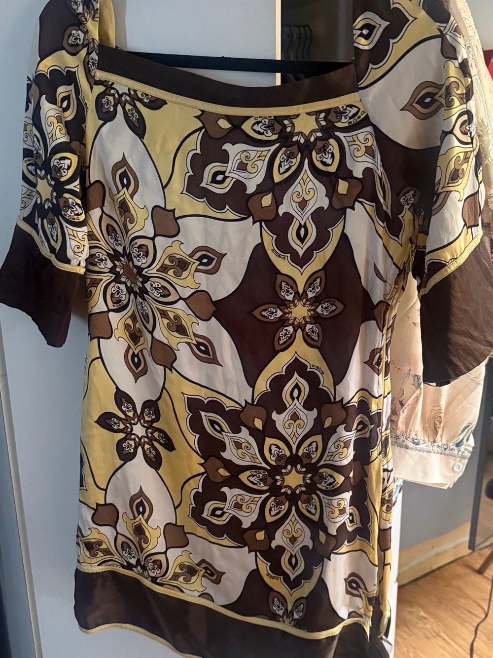 Bebe VINTAGE Silk Yellow Shift Dress with  Brown Trim